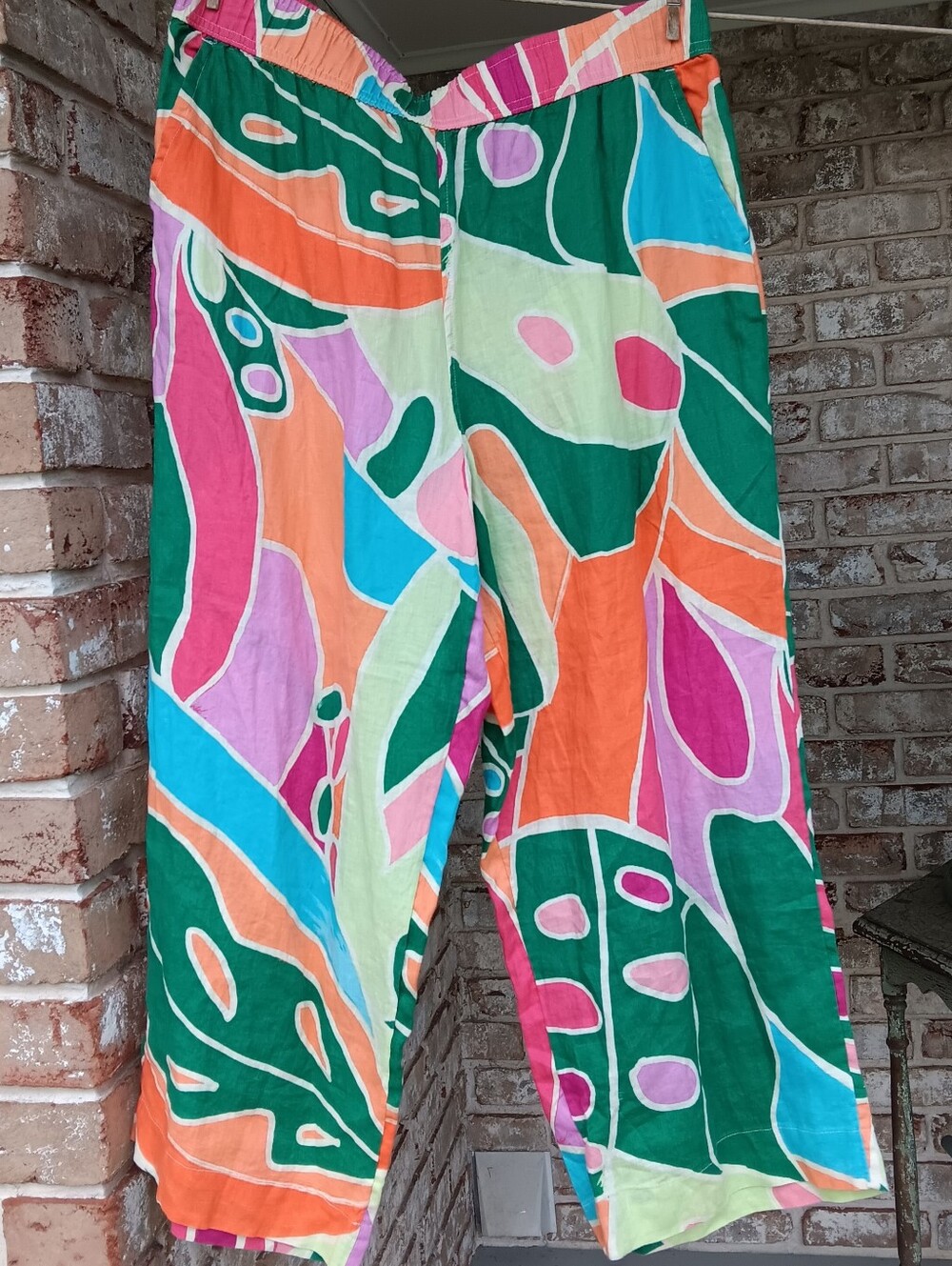 Monstera Leaf Motif 100% Linen Wide-Leg Pants